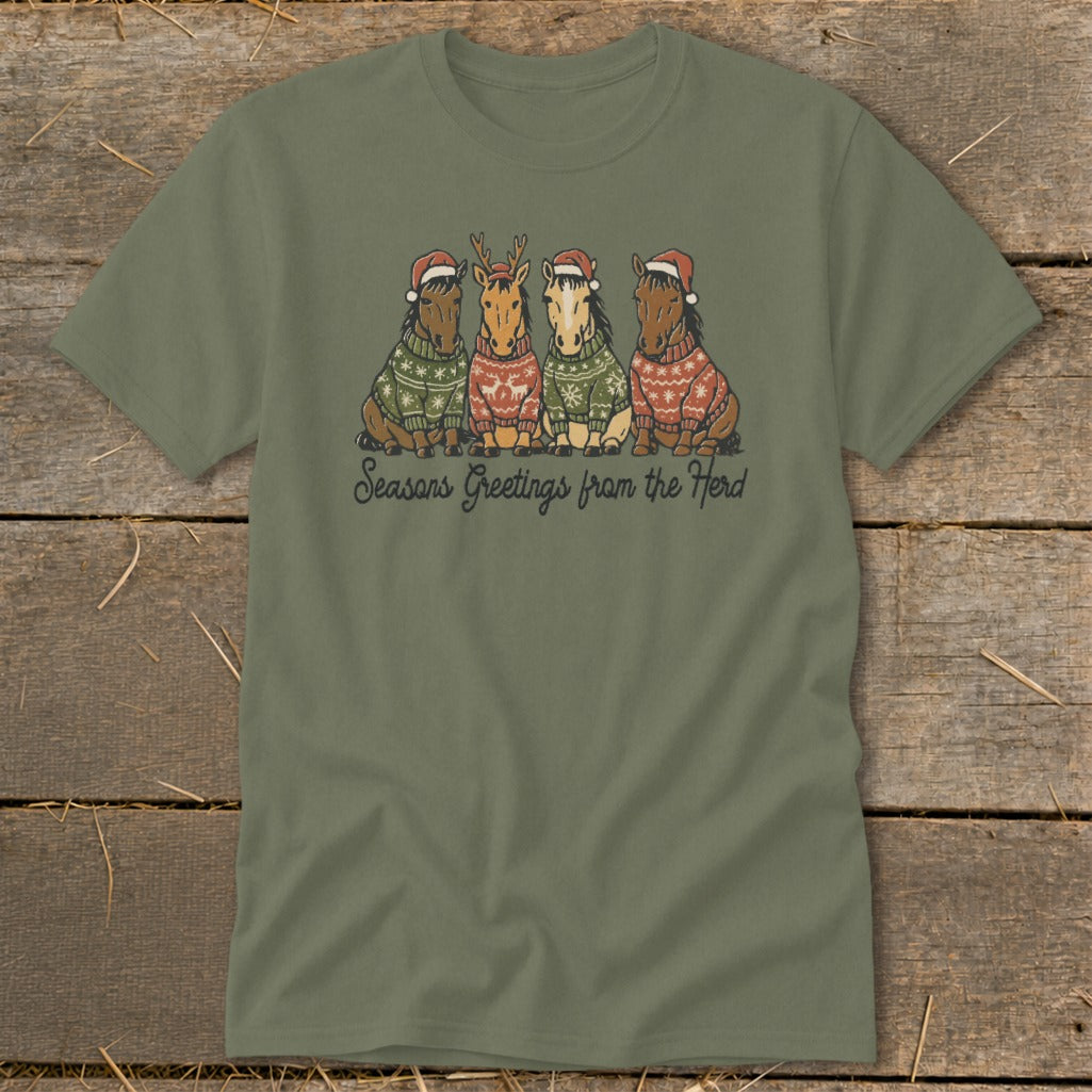 Four horses wearing Santa hats and ugly sweaters with "Seasons Greetings from the Herd" text.