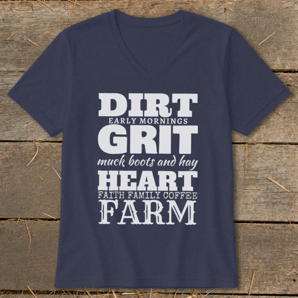 Navy t-shirt with white text: DIRT, GRIT, HEART, FARM.