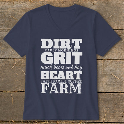 Navy t-shirt with white text: DIRT, GRIT, HEART, FARM.