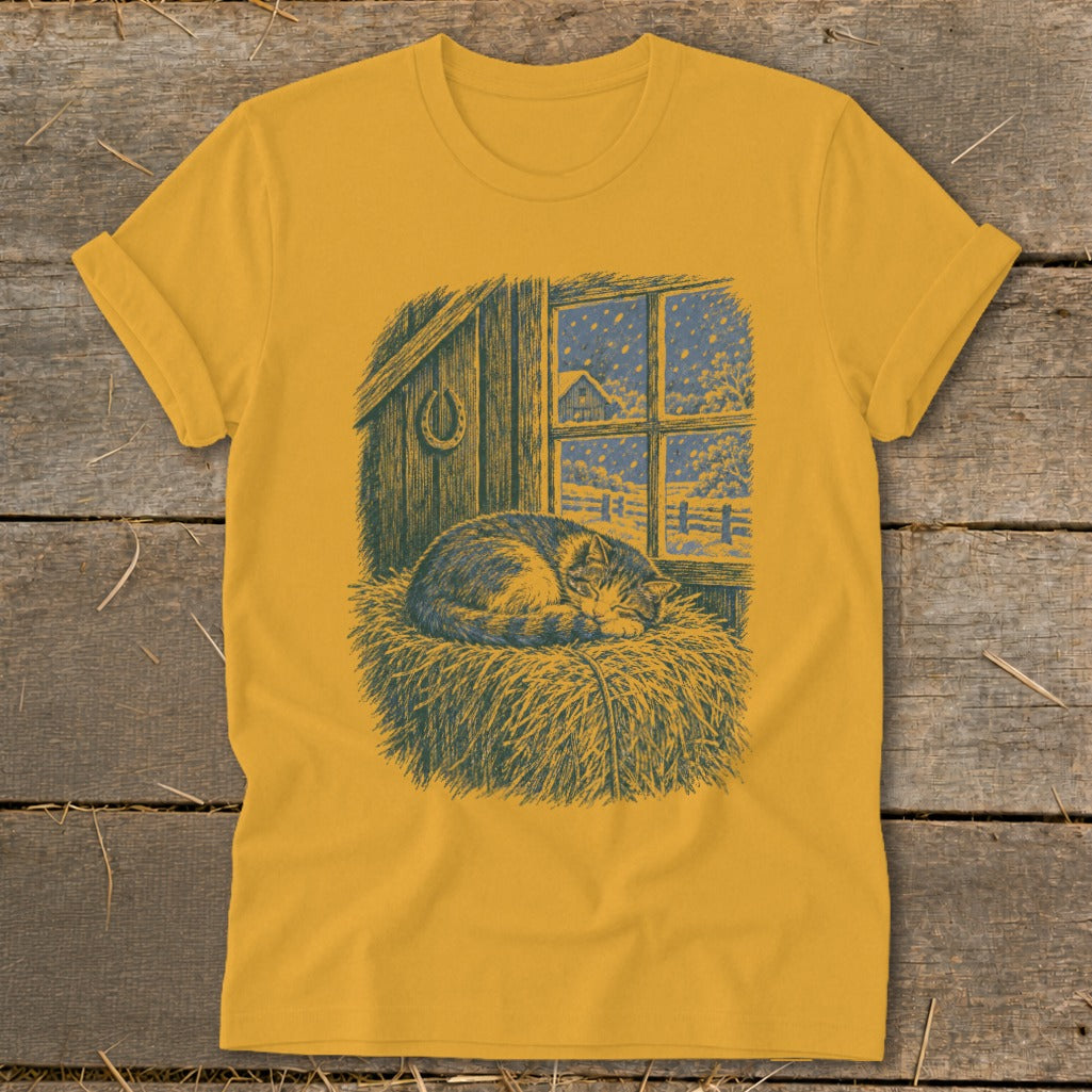 Cat sleeping on hay in front of a window showing a snowy barn scene.