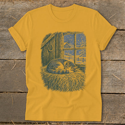 Cat sleeping on hay in front of a window showing a snowy barn scene.
