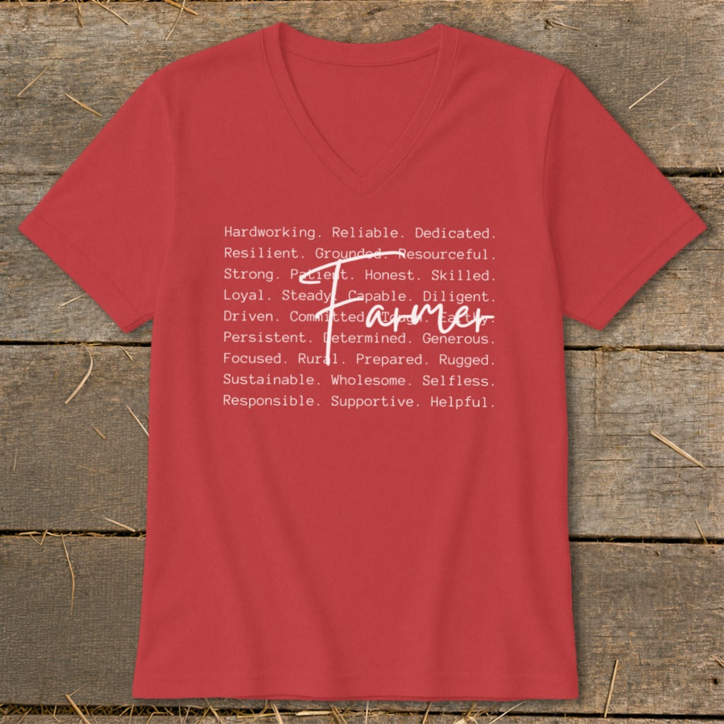 Red v-neck t-shirt with "Farmer" in script and descriptive words.