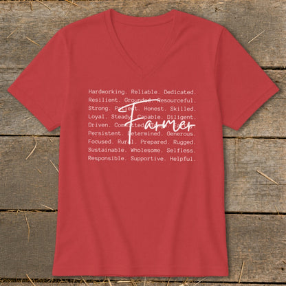 Red v-neck t-shirt with "Farmer" in script and descriptive words.