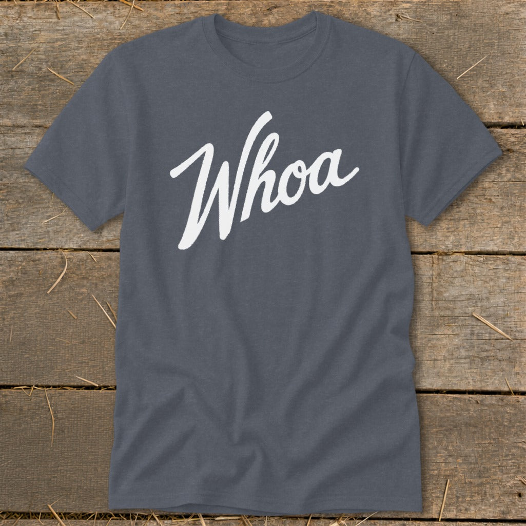 Gray t-shirt with white "Whoa" text in script font.