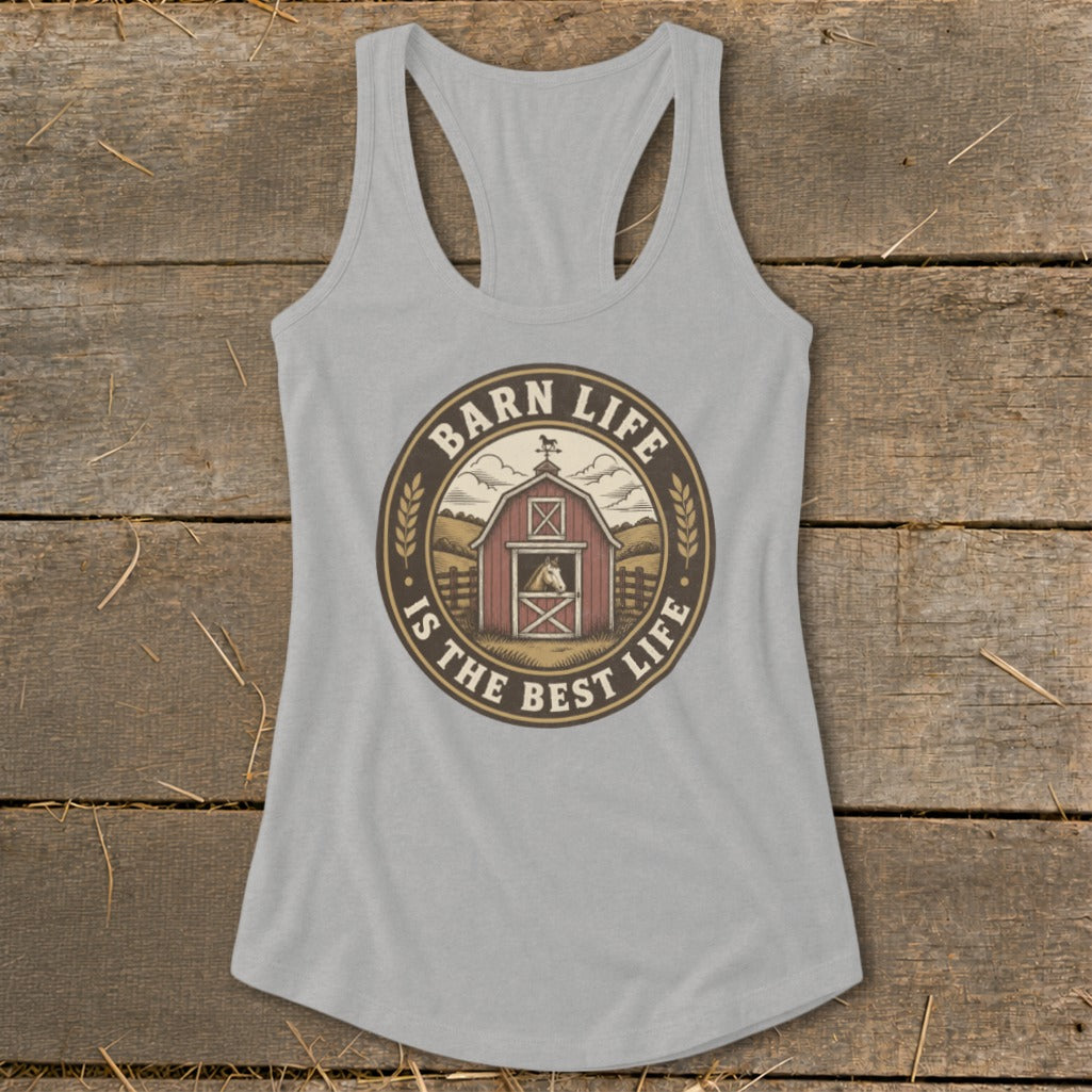 Gray tank top with a circular graphic featuring a barn, horse, and text.