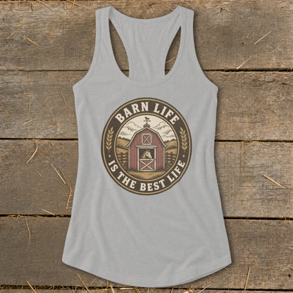 Gray tank top with a circular graphic featuring a barn, horse, and text.