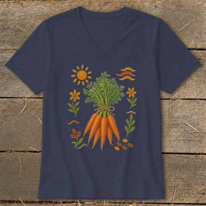 Navy t-shirt with a bunch of carrots and decorative elements.