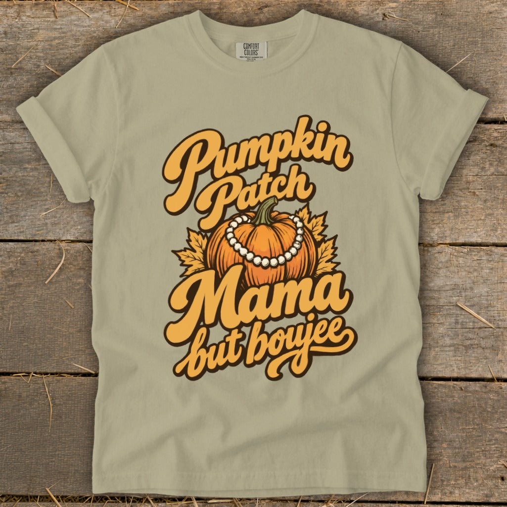 Pumpkin Patch Mama but boujee graphic t-shirt with pumpkin and pearl necklace.