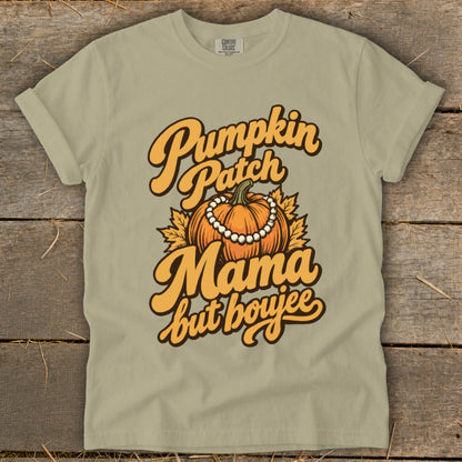 Pumpkin Patch Mama but boujee graphic t-shirt with pumpkin and pearl necklace.