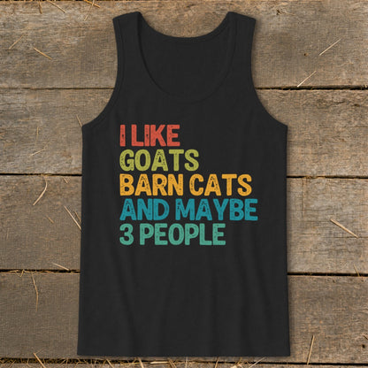 Black tank top with "I like goats barn cats and maybe 3 people" text.