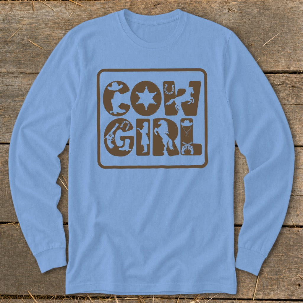 Light blue long sleeve shirt with brown "Cow Girl" text and western graphics.