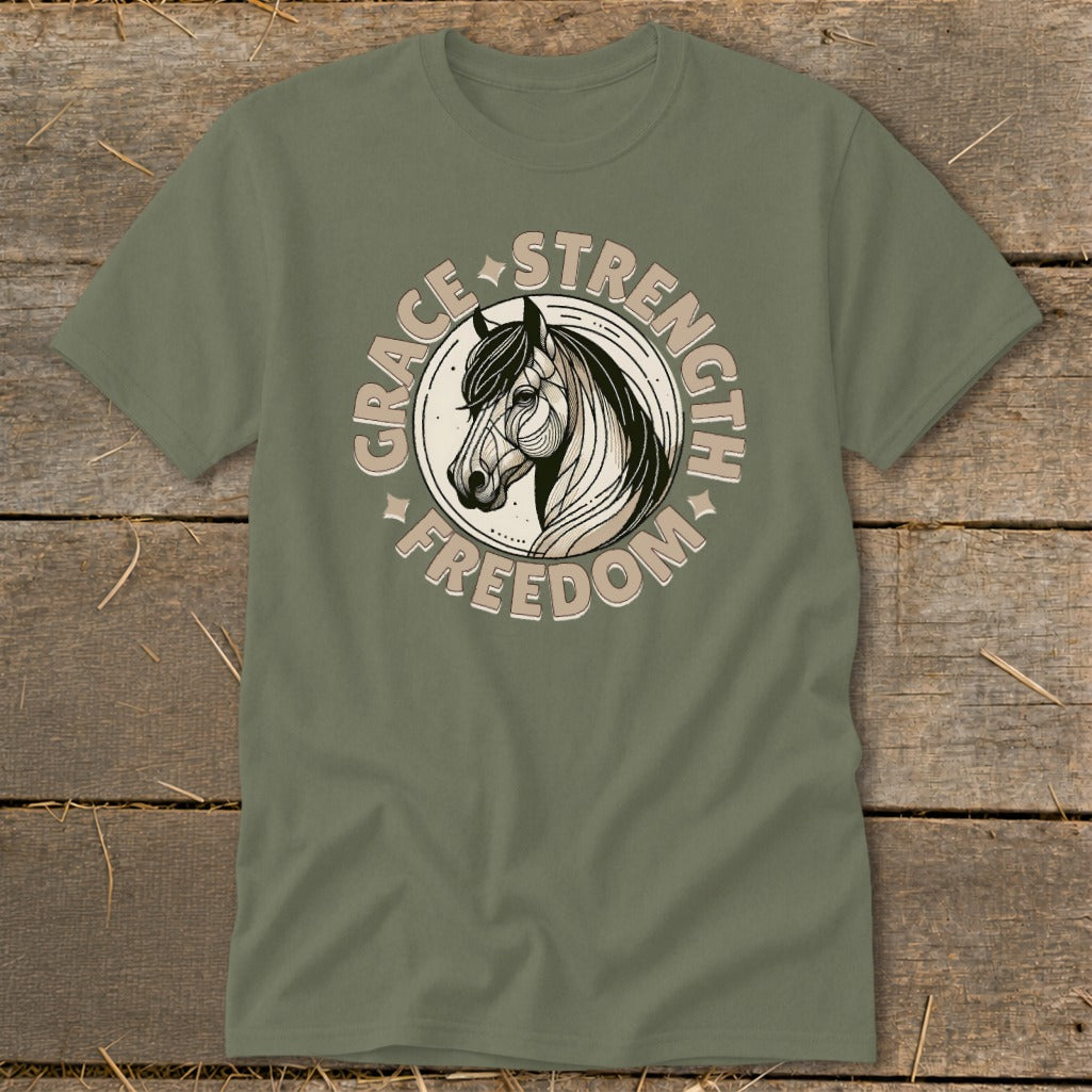 Olive t-shirt with horse head graphic and text "Grace Strength Freedom"