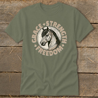 Olive t-shirt with horse head graphic and text "Grace Strength Freedom"