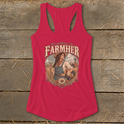 FARMHER graphic on a pink tank top featuring a farmer girl with a pitchfork and rooster.