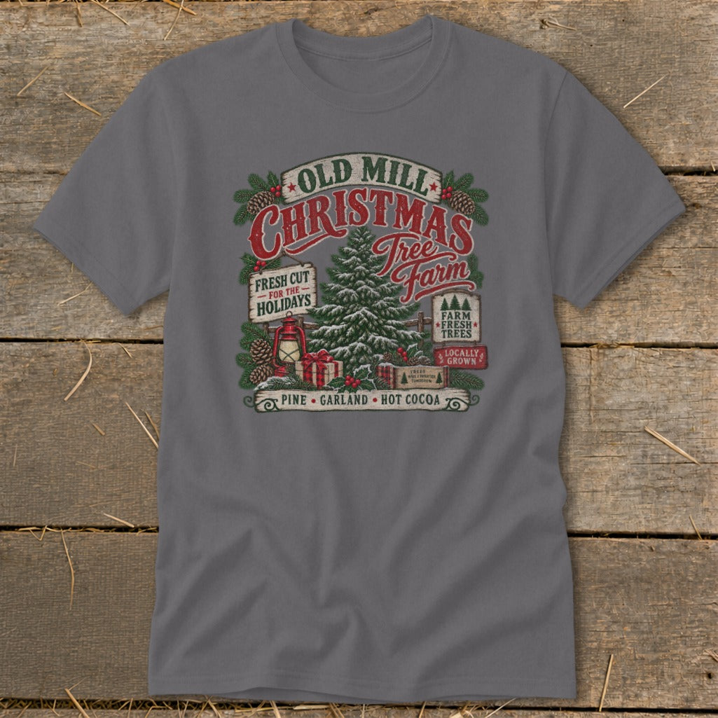 Old Mill Christmas Tree Farm graphic with pine, garland, and hot cocoa.