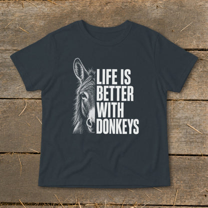 Dark t-shirt with donkey graphic and text "LIFE IS BETTER WITH DONKEYS".