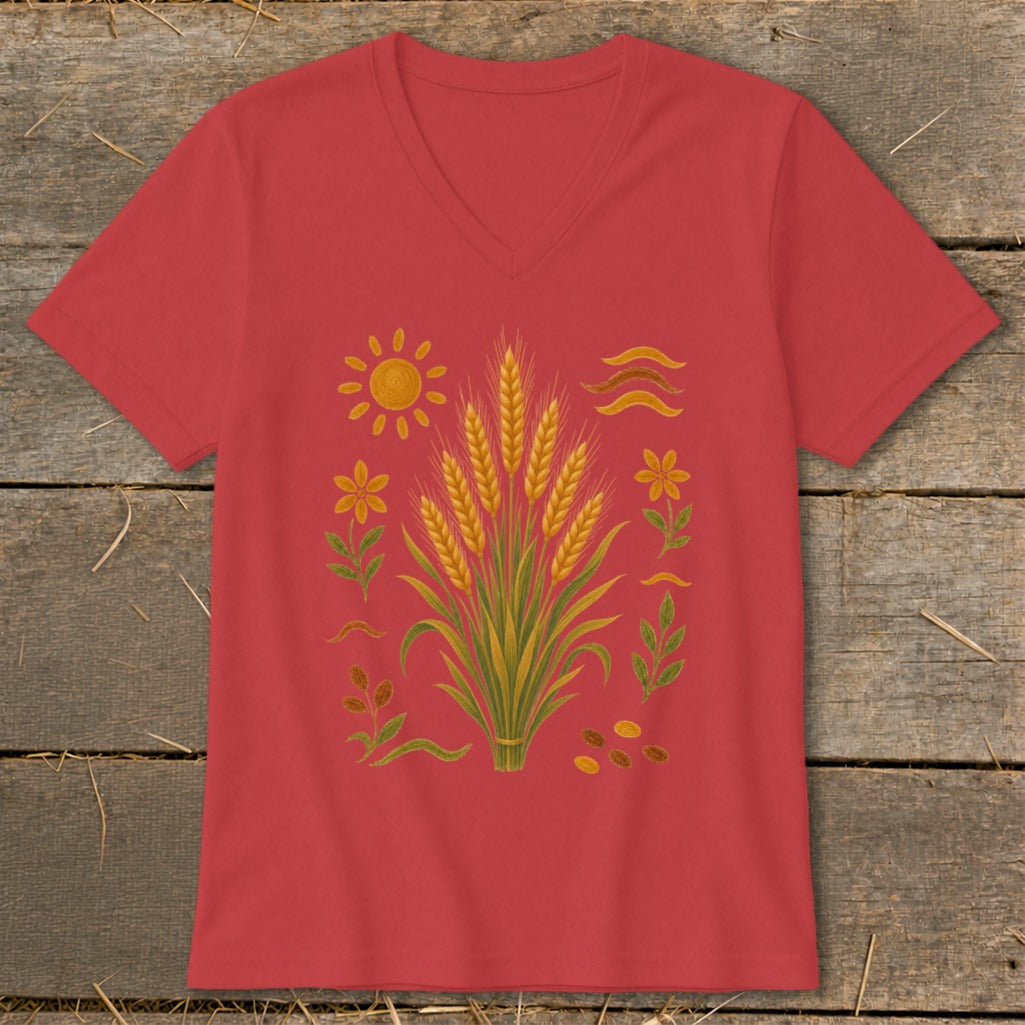 Red v-neck t-shirt with wheat, sun, and floral graphic design.