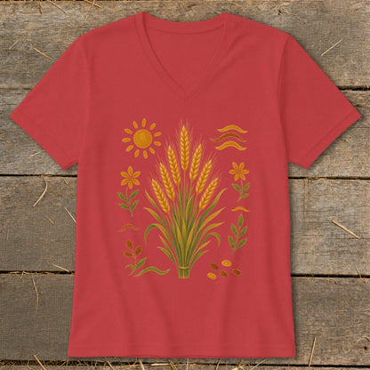 Red v-neck t-shirt with wheat, sun, and floral graphic design.