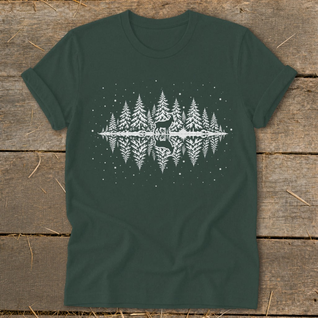 Dark green t-shirt with a white silhouette of a deer and pine trees reflected in water.