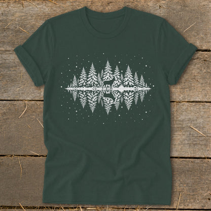 Dark green t-shirt with a white silhouette of a deer and pine trees reflected in water.