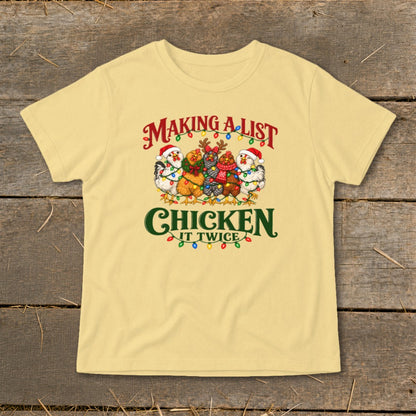 T-shirt with Christmas chickens saying "Making a list, chicken it twice."