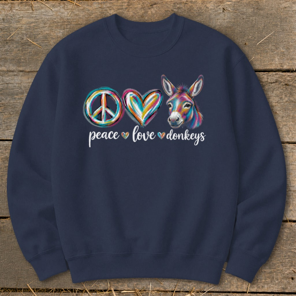 Navy sweatshirt with peace, love, and donkey graphic.