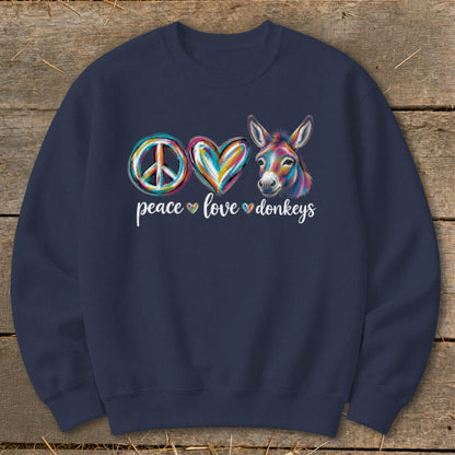 Navy sweatshirt with peace, love, and donkey graphic.