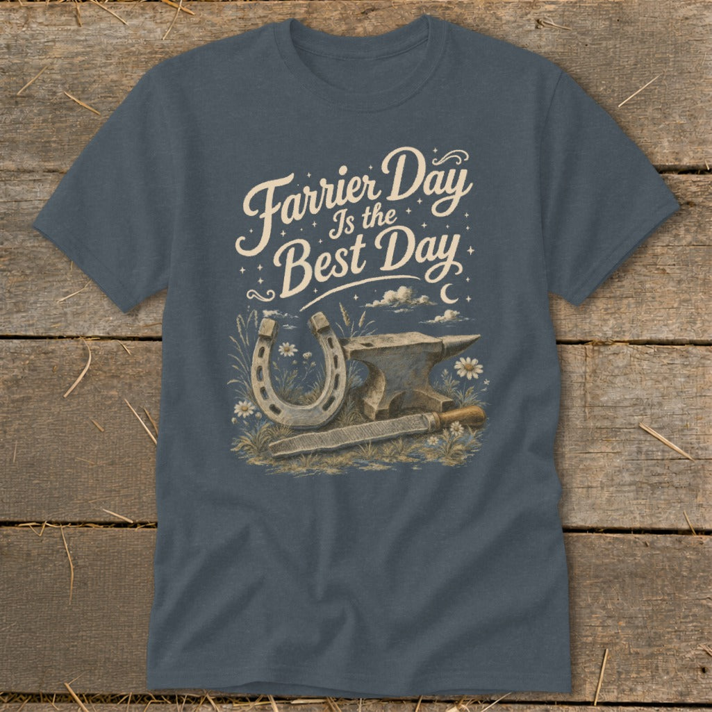 T-shirt graphic with text "Farrier Day Is the Best Day" and imagery of horseshoe, anvil, and rasp.