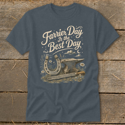 T-shirt graphic with text "Farrier Day Is the Best Day" and imagery of horseshoe, anvil, and rasp.
