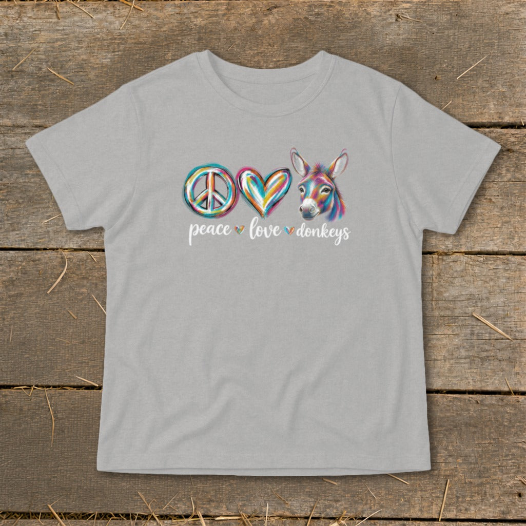 Gray t-shirt with a peace sign, heart, and colorful donkey graphic and text.