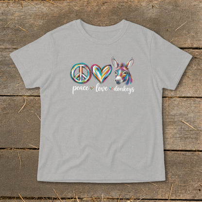 Gray t-shirt with a peace sign, heart, and colorful donkey graphic and text.