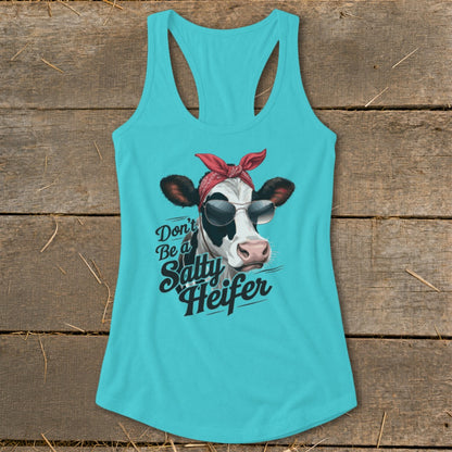 Turquoise tank top with a cow wearing a bandana and sunglasses, saying "Don't Be a Salty Heifer".