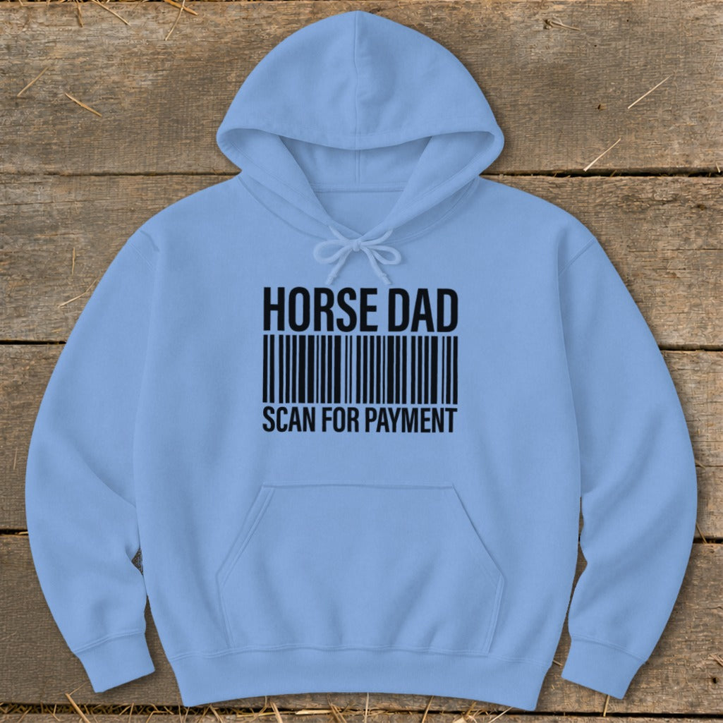 Light blue hoodie with "HORSE DAD SCAN FOR PAYMENT" text and barcode design.