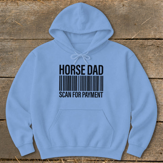 Light blue hoodie with "HORSE DAD SCAN FOR PAYMENT" text and barcode design.