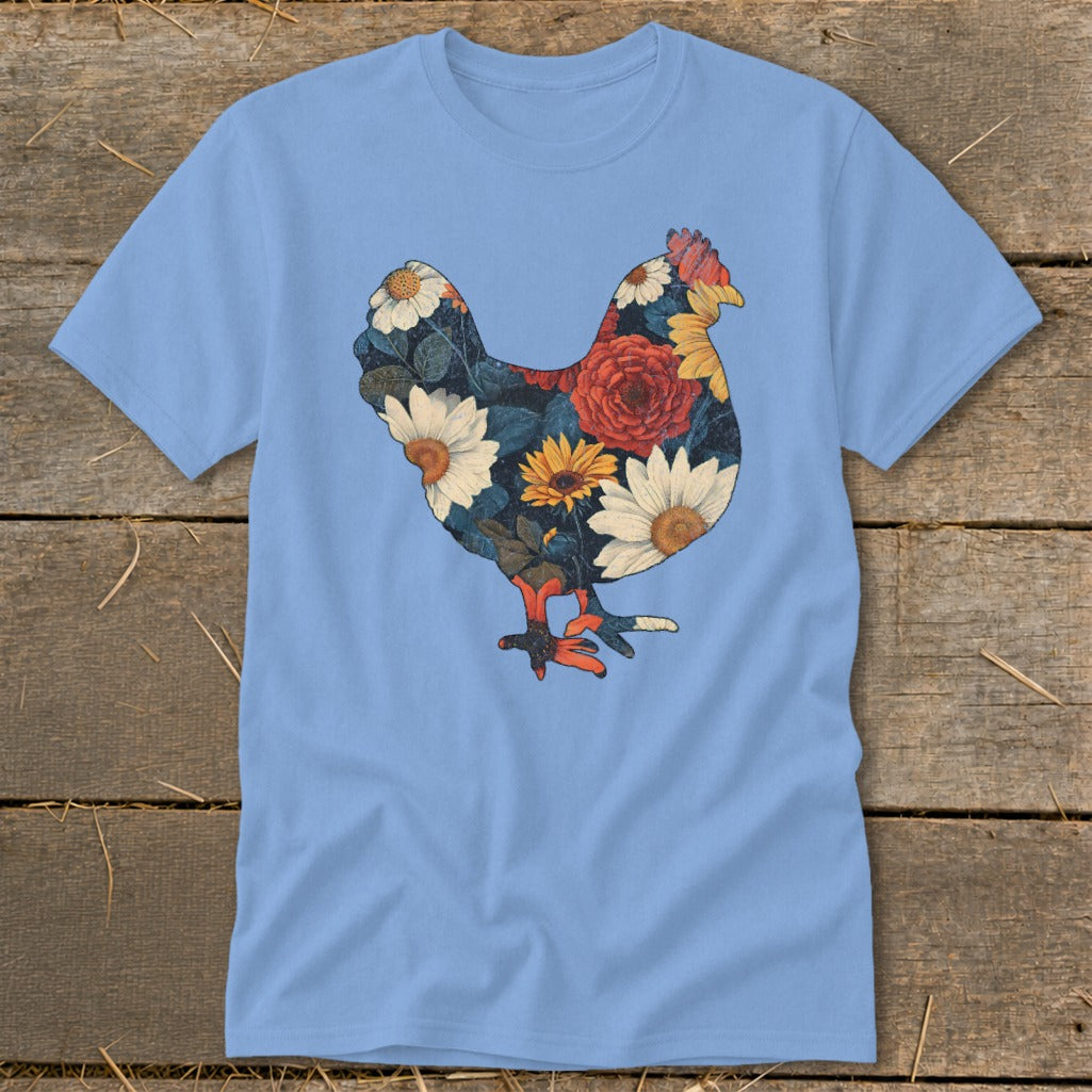 Light blue t-shirt with a floral chicken graphic.