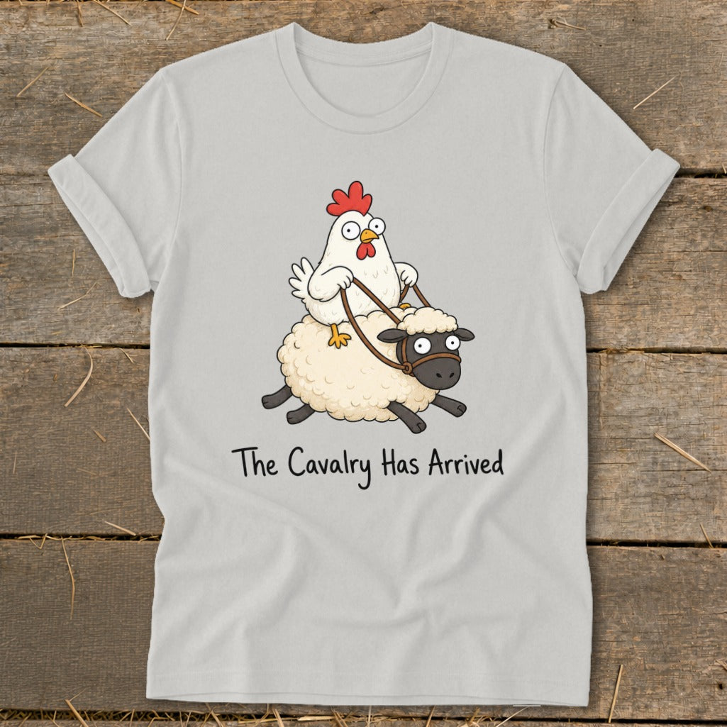Cartoon chicken riding a sheep with text "The Cavalry Has Arrived".
