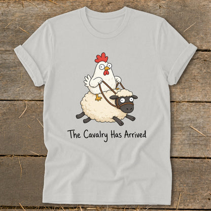Cartoon chicken riding a sheep with text "The Cavalry Has Arrived".