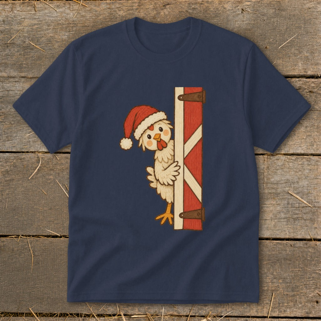 Cartoon chicken wearing a Santa hat peeking around a barn door.