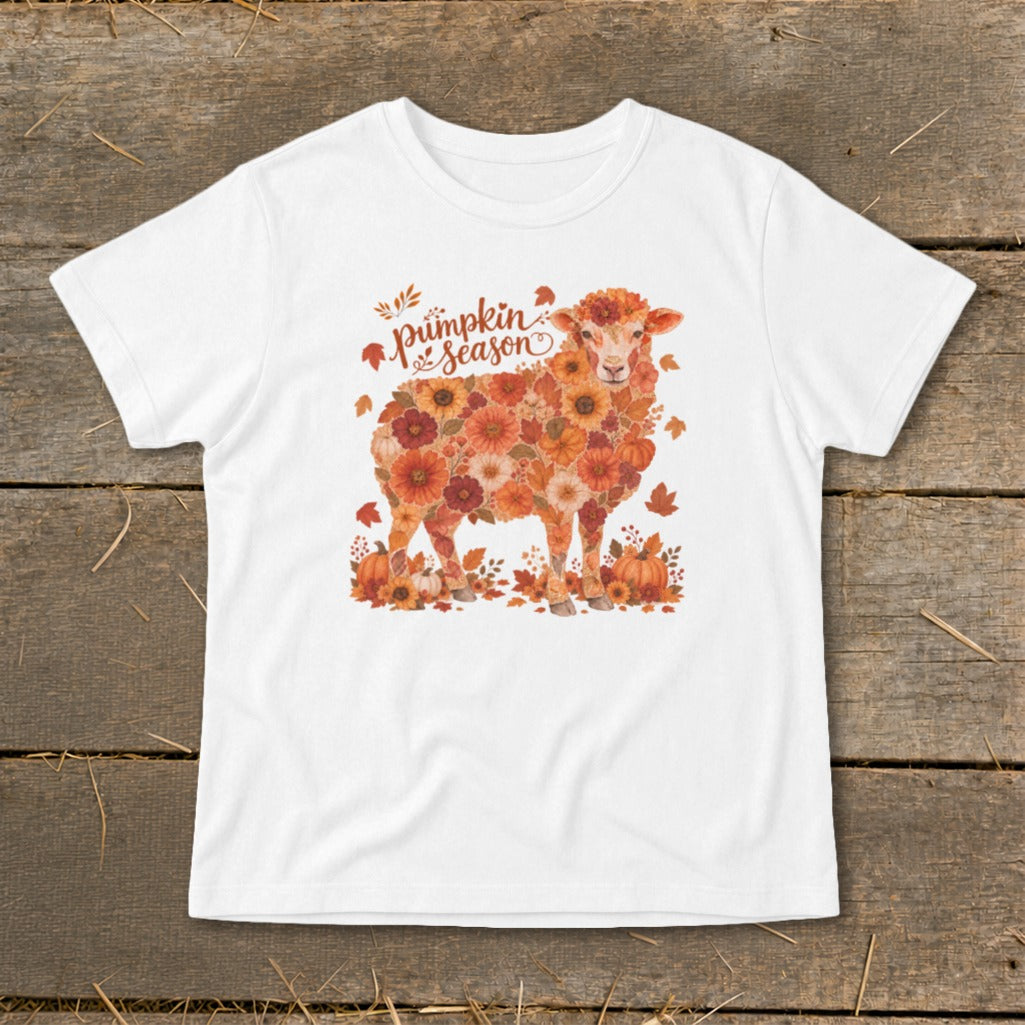 White t-shirt with a sheep made of autumn flowers and pumpkins, reading "pumpkin season".
