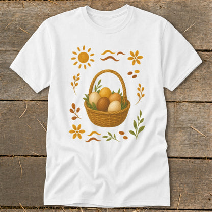 White t-shirt with a woven basket of eggs and an Easter-themed folk art design.