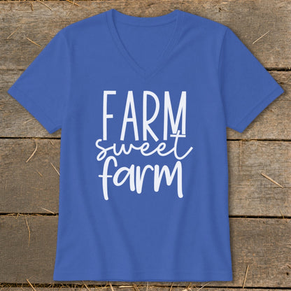 Blue v-neck t-shirt with "FARM sweet farm" text in white.