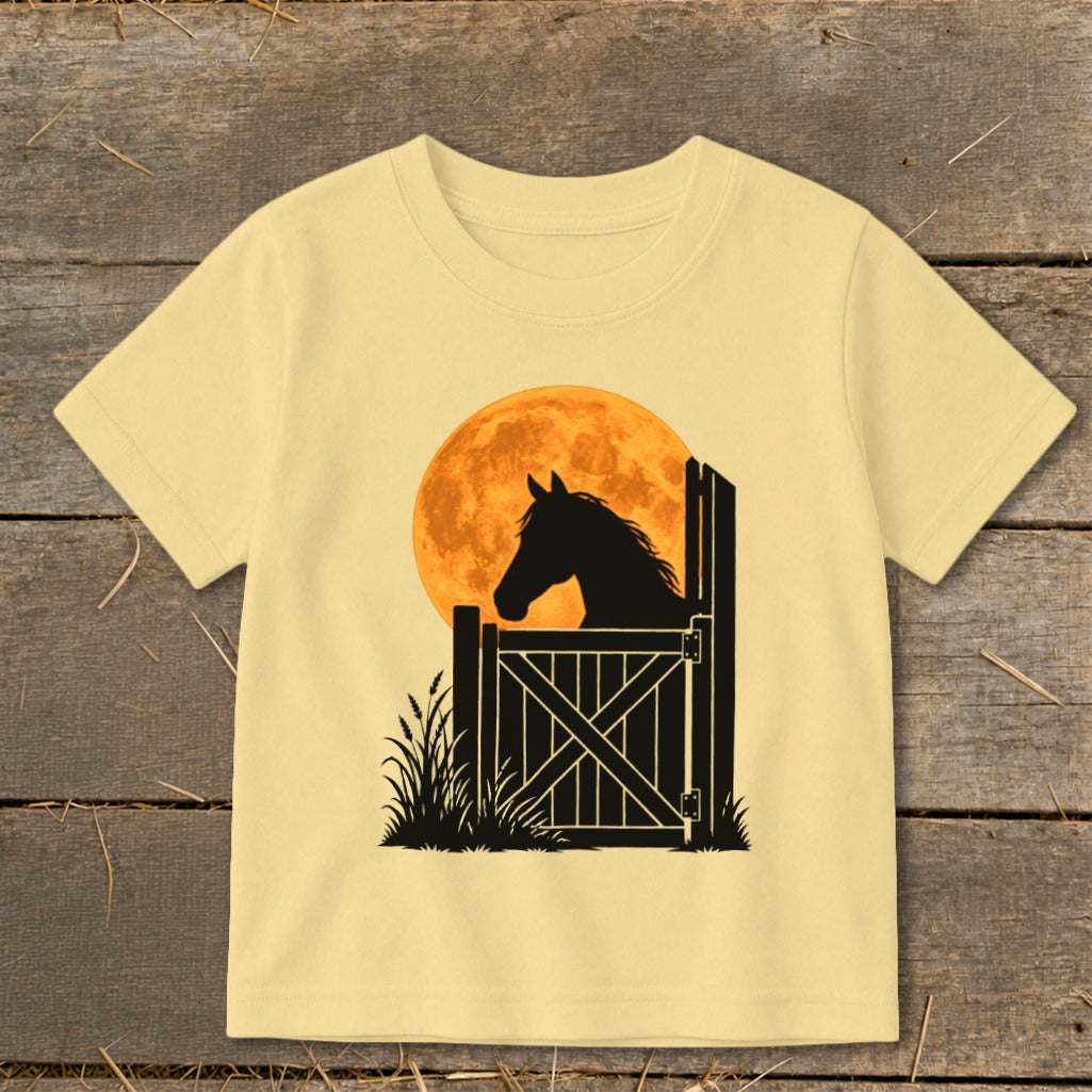 Light yellow short-sleeved t-shirt featuring a black silhouette of a horse behind a gate against a full moon.