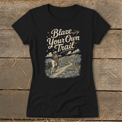 Black t-shirt with "Blaze Your Own Trail" text and a cowboy on horseback in a desert landscape.