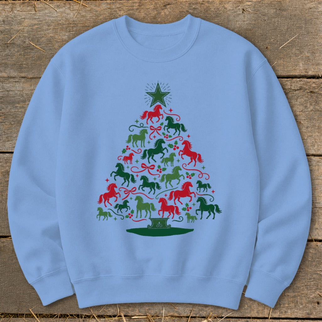 Light blue sweatshirt with Christmas tree design made of red and green horses.