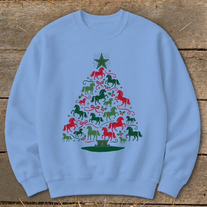 Light blue sweatshirt with Christmas tree design made of red and green horses.