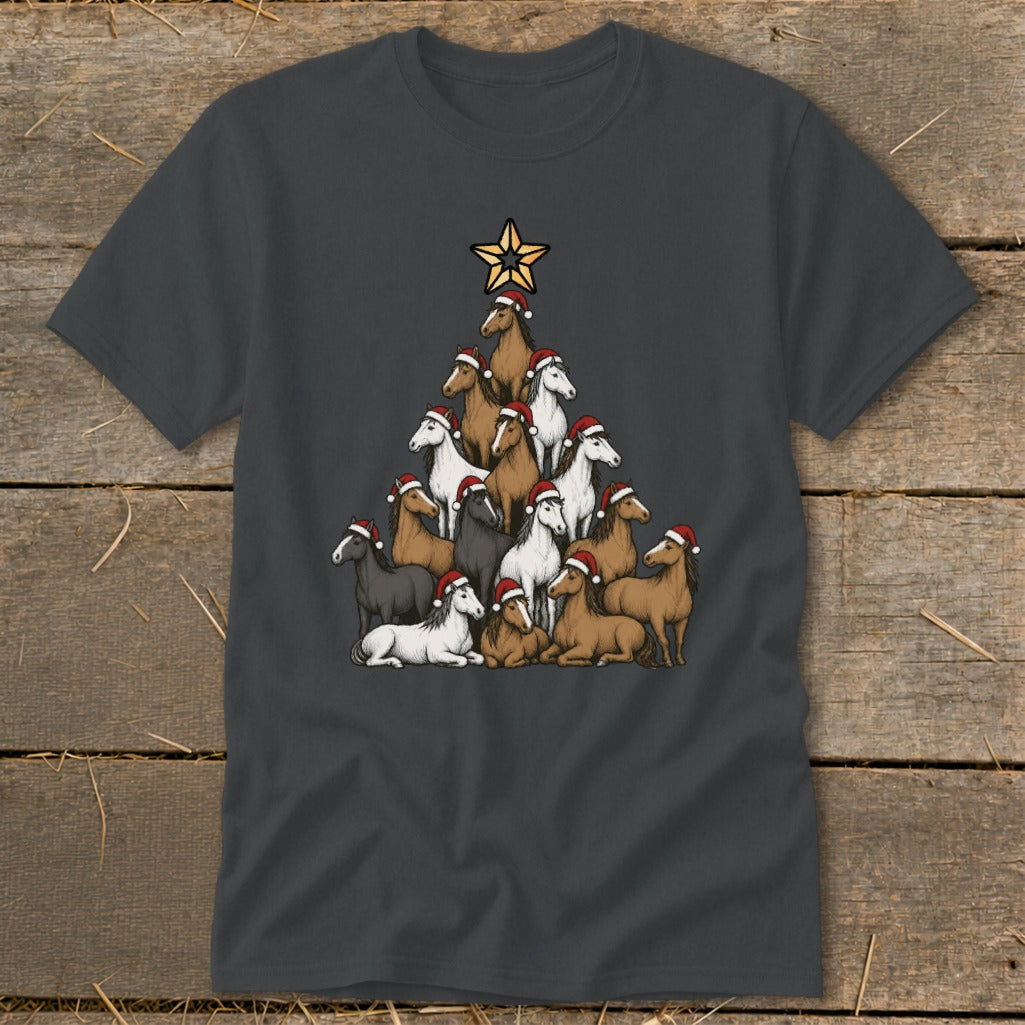 Dark gray t-shirt with a Christmas tree made of horses wearing Santa hats.