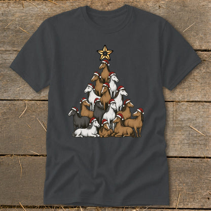 Dark gray t-shirt with a Christmas tree made of horses wearing Santa hats.