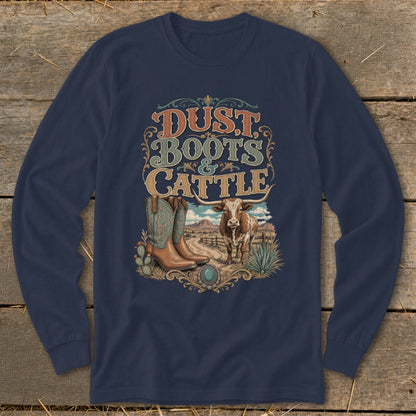 Long-sleeve shirt with "Dust, Boots & Cattle" graphic, featuring boots, cow, and desert landscape.