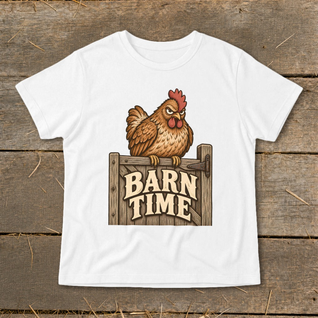 White t-shirt with a cartoon chicken perched on a wooden sign that reads "BARN TIME".