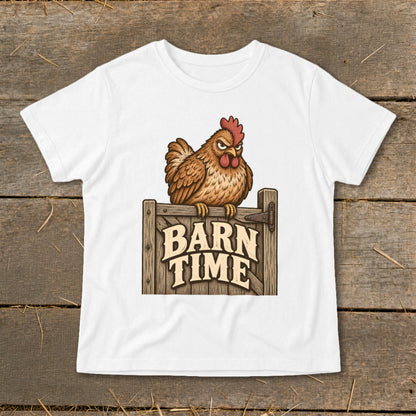 White t-shirt with a cartoon chicken perched on a wooden sign that reads "BARN TIME".